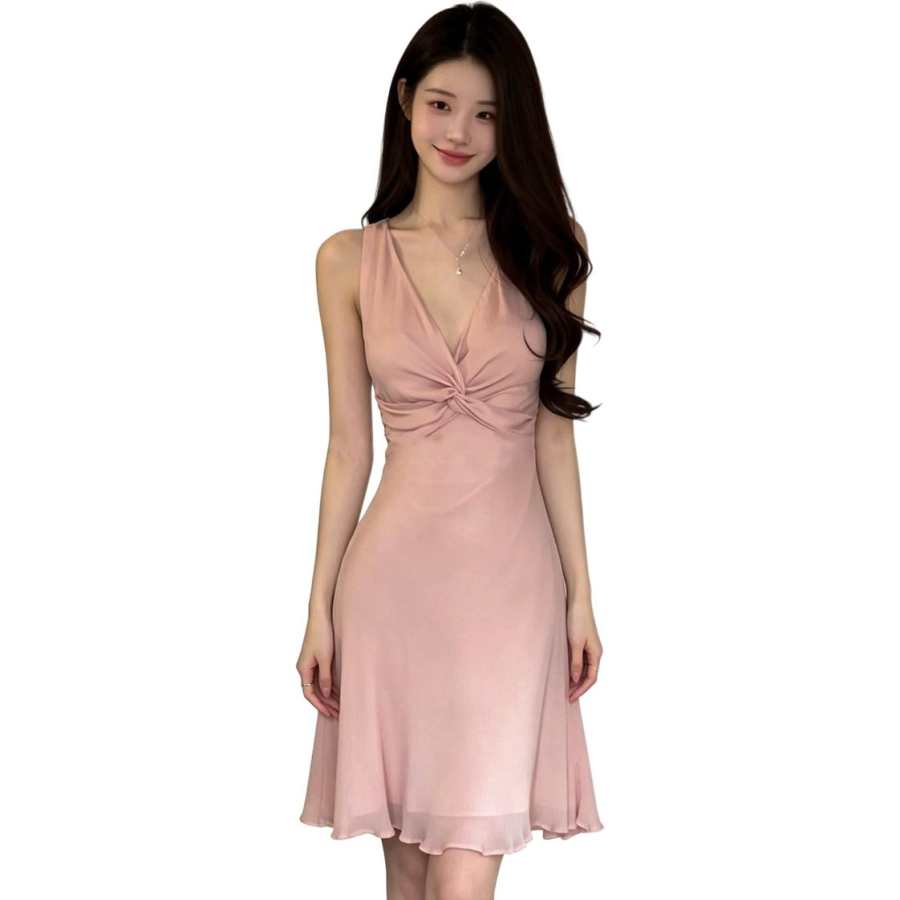 VENICEW Sleeveless Dresses Women's Pink V Neck Moderate Midi Skirt