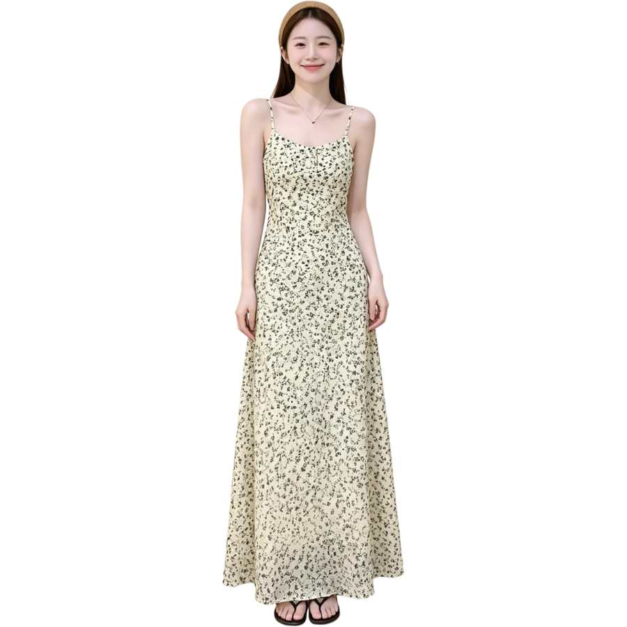 VENICEW Slip Dresses Women's Green Camisole Moderate Long Skirt