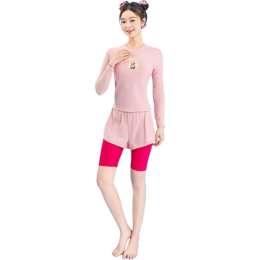 Barbie Two Piece Swimsuits Women's Light Pink Crew Neck Moderate Square Leg Two Piece Swimsuit