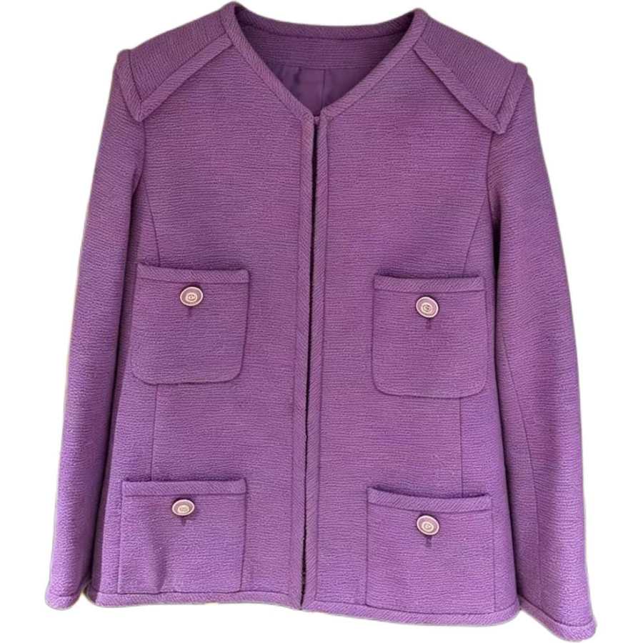 CHANEL Jackets Women's Purple V Neck Moderate Straight Fit