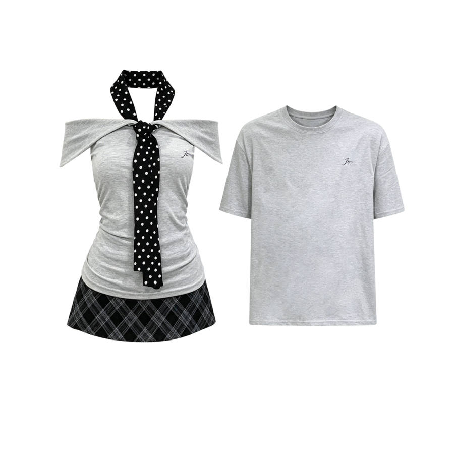 TUSHIFEI Couple Sets Women's Crew Neck Moderate Short Skirt
