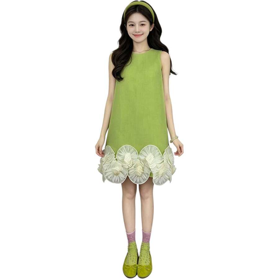 VENICEW Sleeveless Dresses Women's Green Crew Neck Moderate Short Skirt