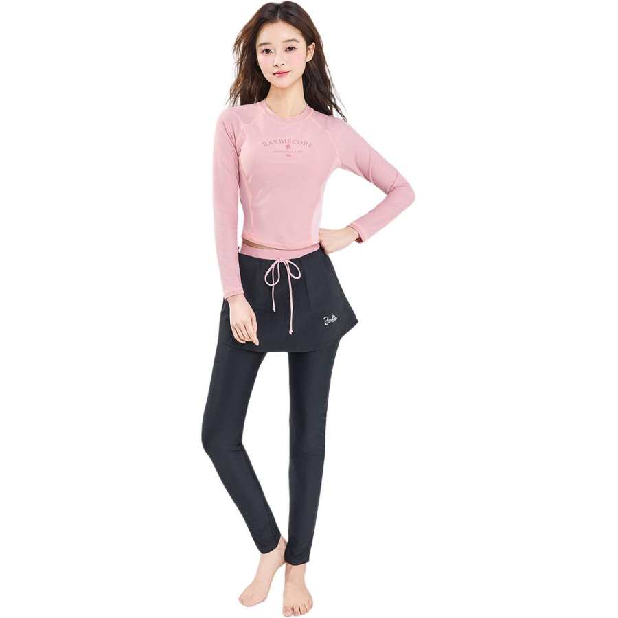 Barbie Two Piece Swimsuits Women's Light Pink/Black Crew Neck Moderate Short Skirt