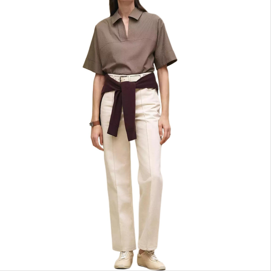 HERMES HERMES Shirts Women's Gray & Camel Lapel Moderate