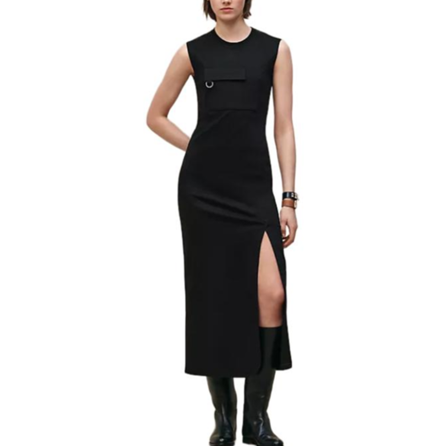 HERMES Sleeveless Dresses Women's Black Crew Neck Moderate Midi Skirt Other
