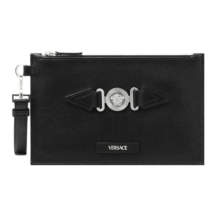 VERSACE MEDUSA BIGGIE Cow Leather Clutch Small Men's Black & Silver