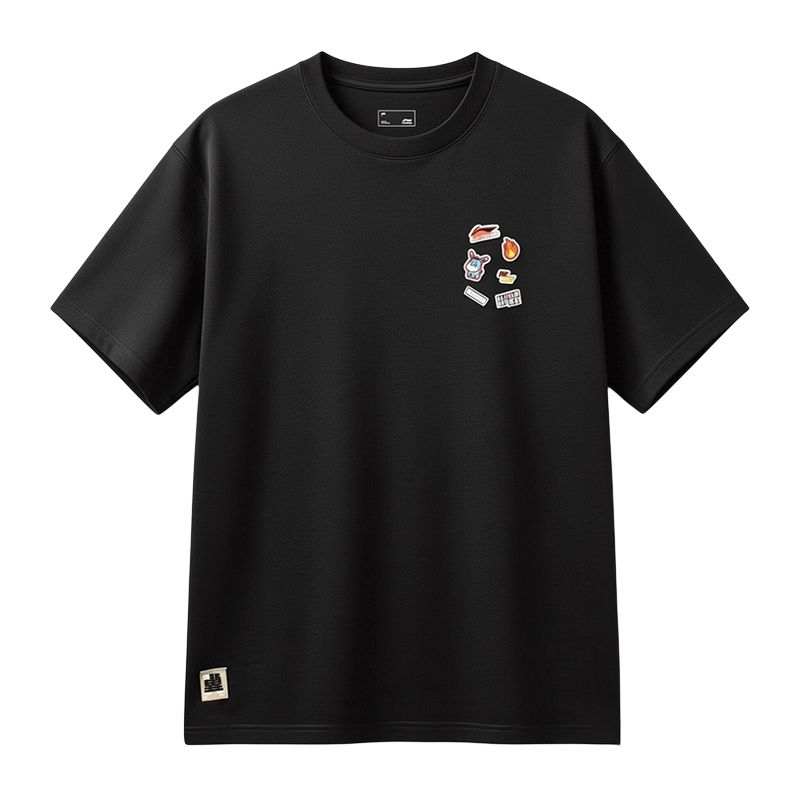 Li-Ning Li Ning China Culture Collection T Shirts Men's Black Crew Neck Moderate Straight Fit