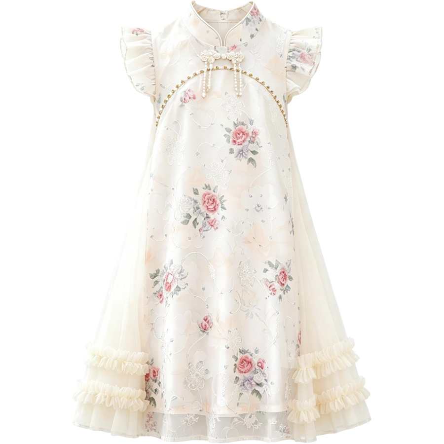 Disney Kids Dresses Cheongsam Collar Thin Midi Dress Non Stretch