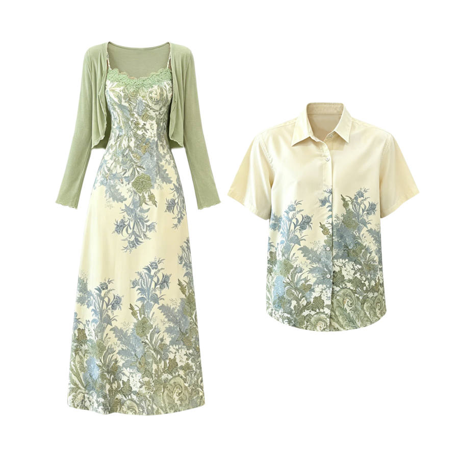 TUSHIFEI Couple Sets Women's Polo Collar Moderate Long Skirt
