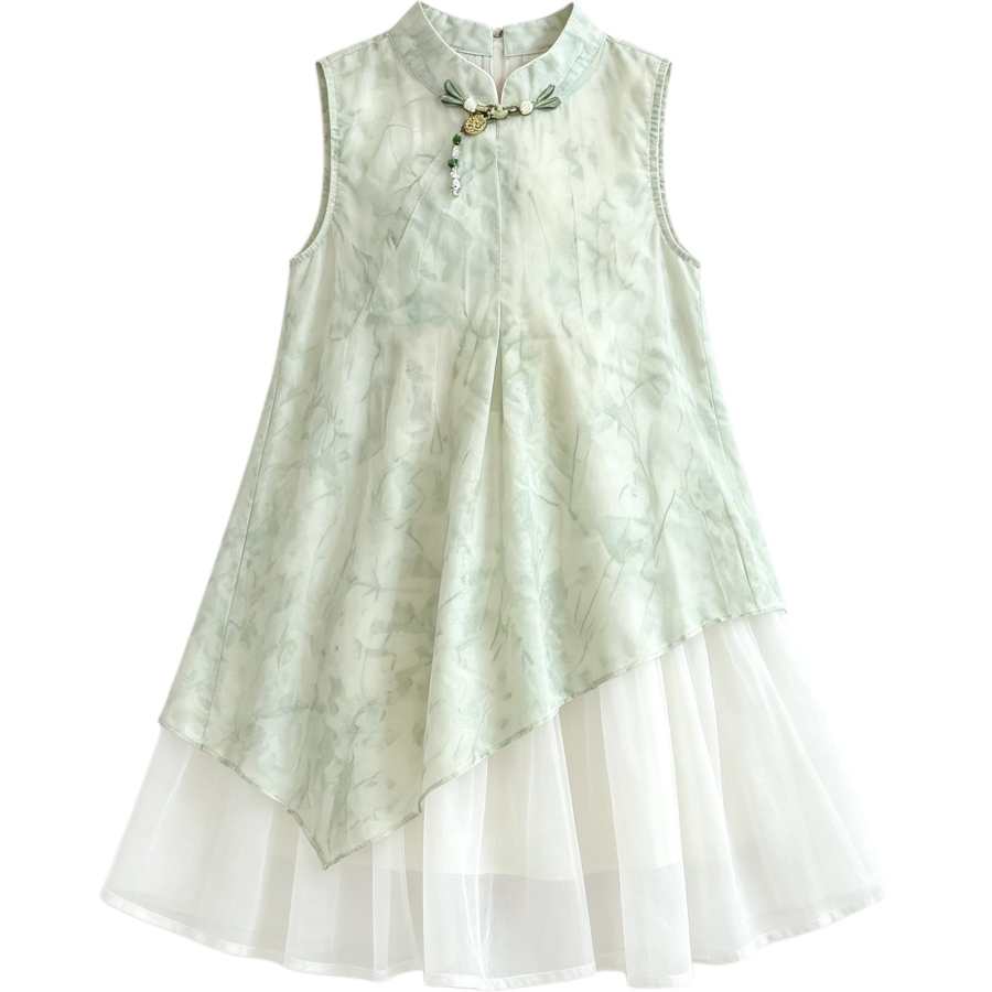 Disney Kids Dresses Stand Collar Thin Midi Dress Non Stretch