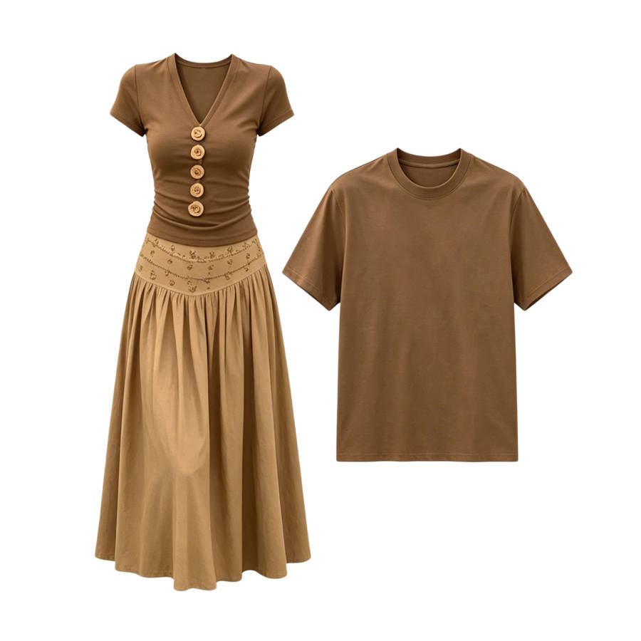 TUSHIFEI Couple Sets Women's Crew Neck Moderate Long Skirt