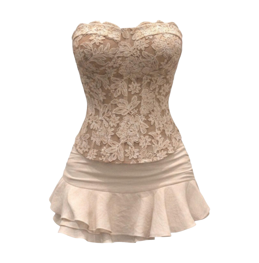 FINDSME GAGA Two Piece Skirt Sets Women's Strapless Top Moderate Short Skirt