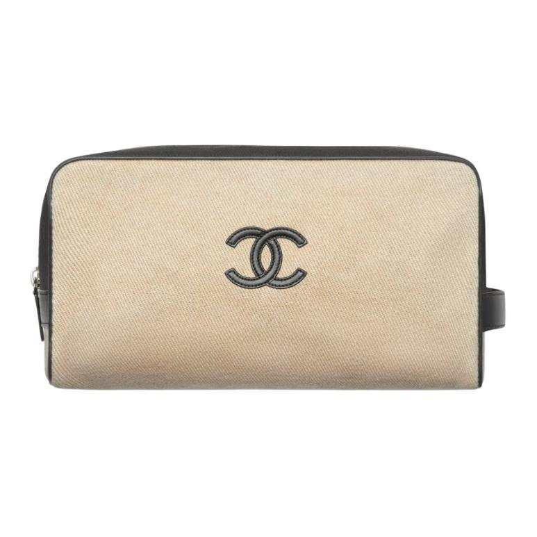 CHANEL Canvas With Calfskin & Silver Metal Clutch Large Women's Beige