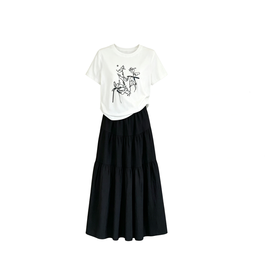 CPAURA Two Piece Skirt Sets Women's Crew Neck Moderate Long Skirt