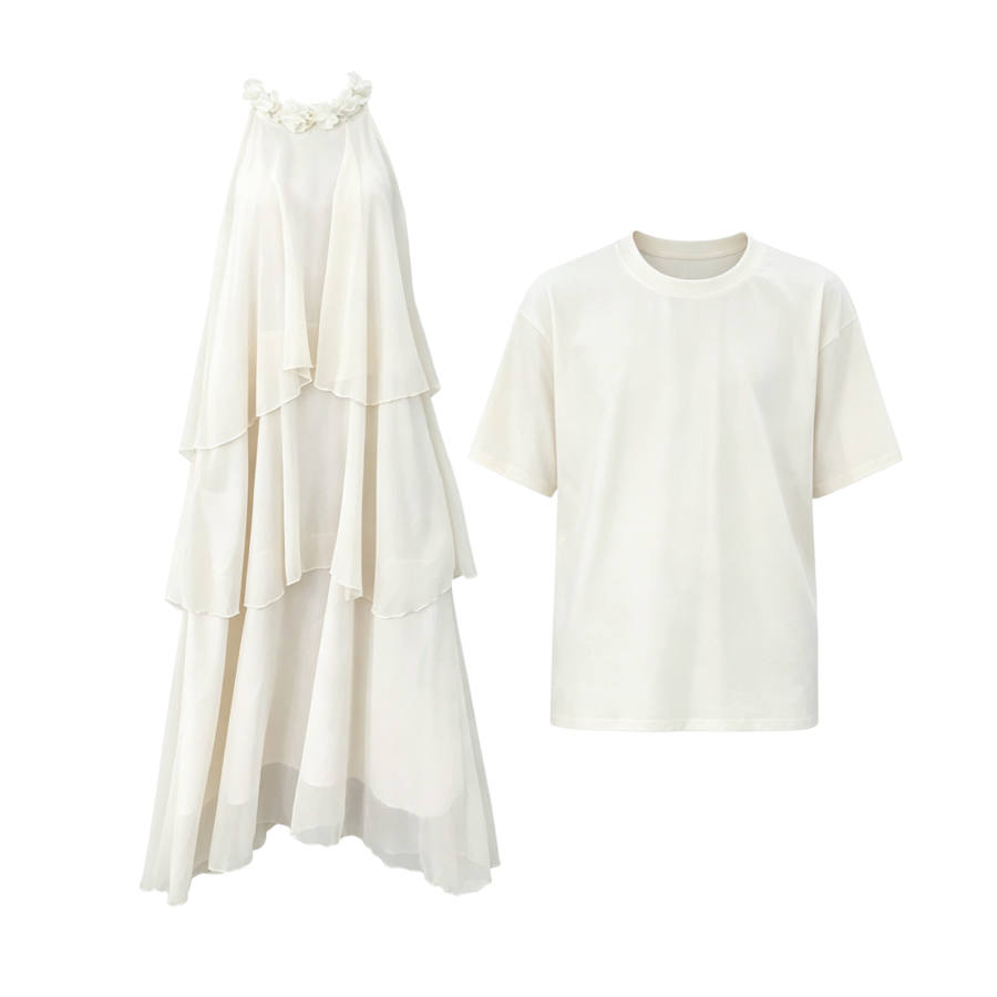 TUSHIFEI Couple Sets Women's Crew Neck Moderate Long Skirt
