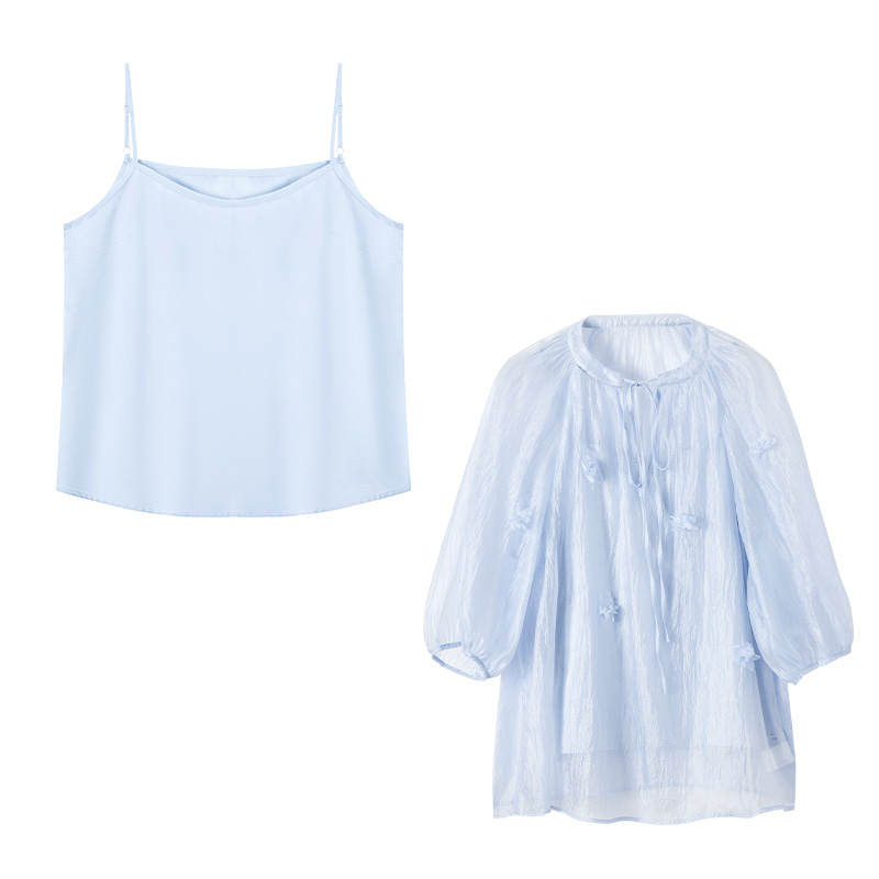 XIANGYING Chiffon Shirts Women's Nautical Blue Camisole Thin