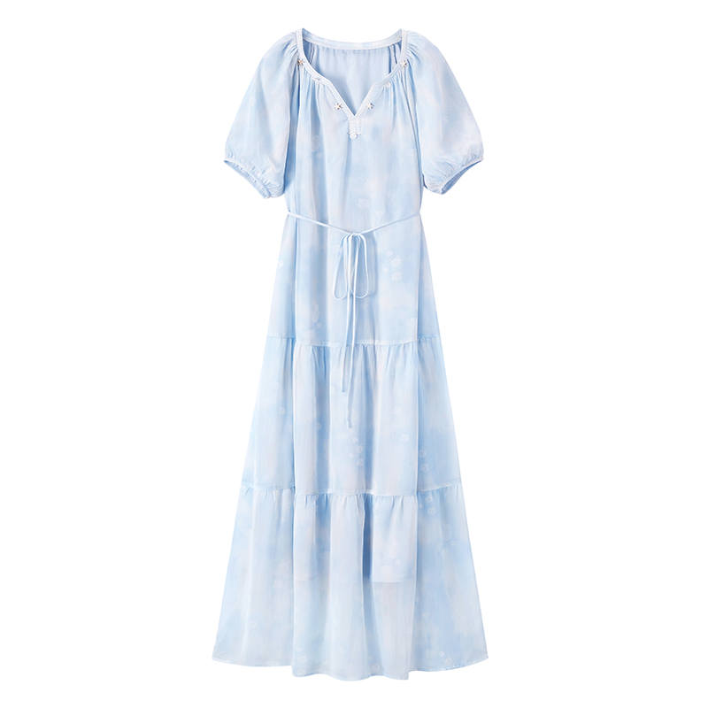 XIANGYING Short Sleeved Dresses Women's Blue Floral V Neck Thin Long Skirt