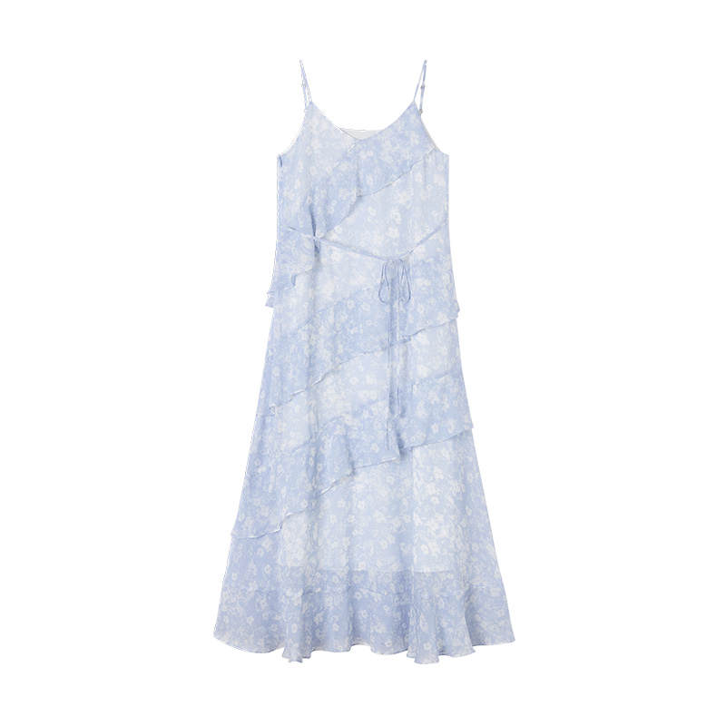 XIANGYING Sleeveless Dresses Women's Nautical Blue Camisole Thin Long Skirt