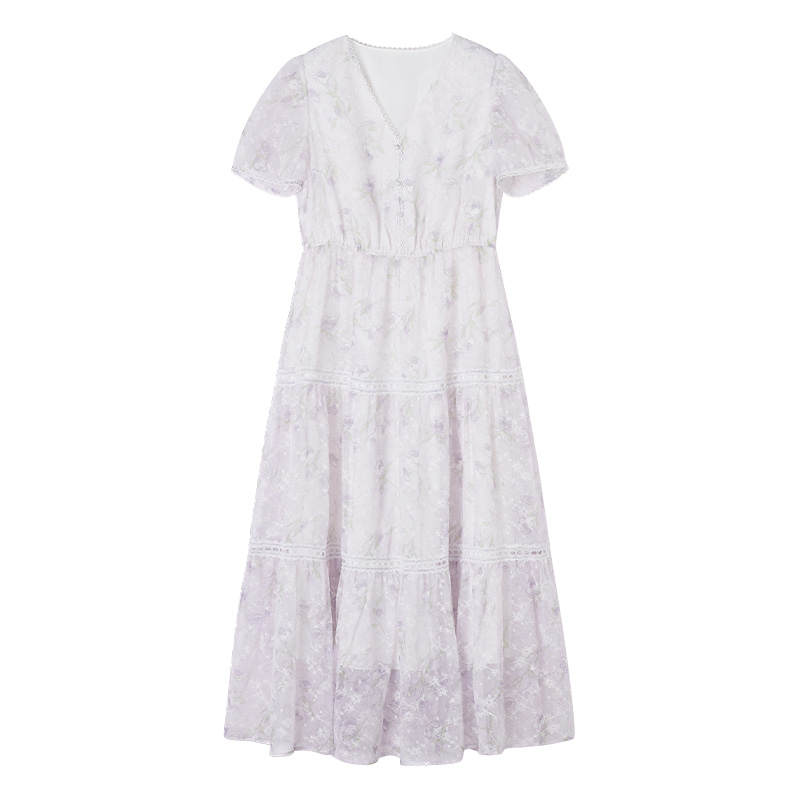 XIANGYING Short Sleeved Dresses Women's Purple V Neck Thin Long Skirt