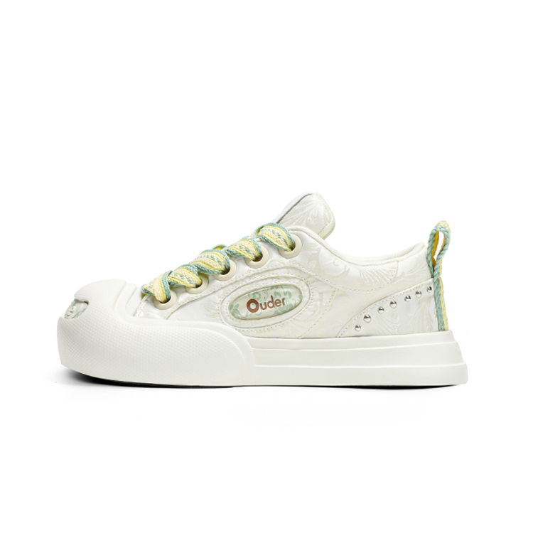 Ouder Smiler Vintage Satin Jacquard Low top Canvas Shoes Unisex Silk White