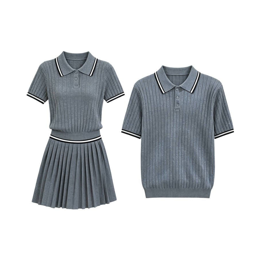 TUSHIFEI Couple Sets Women's Polo Collar Moderate Short Skirt