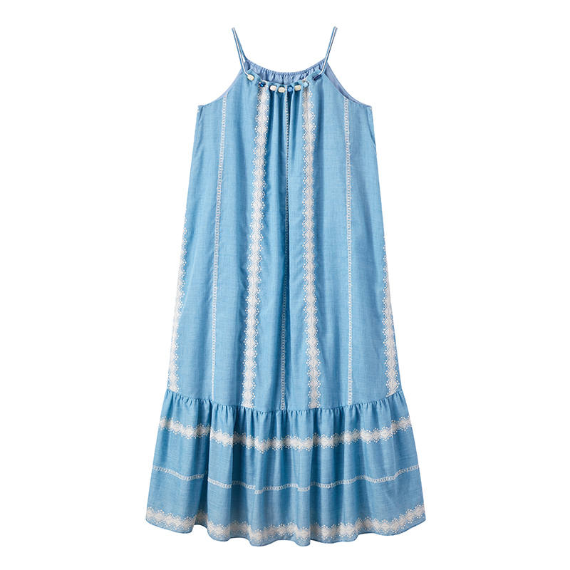 XIANGYING Sleeveless Dresses Women's Nautical Blue Halter Thin Long Skirt