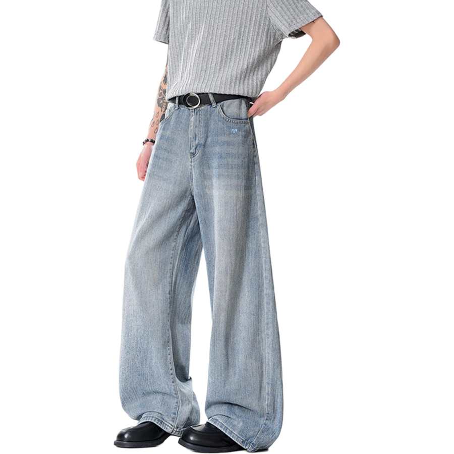 WARRIOR Jeans Unisex Blue DIY Badge Thin Wide Leg Pants