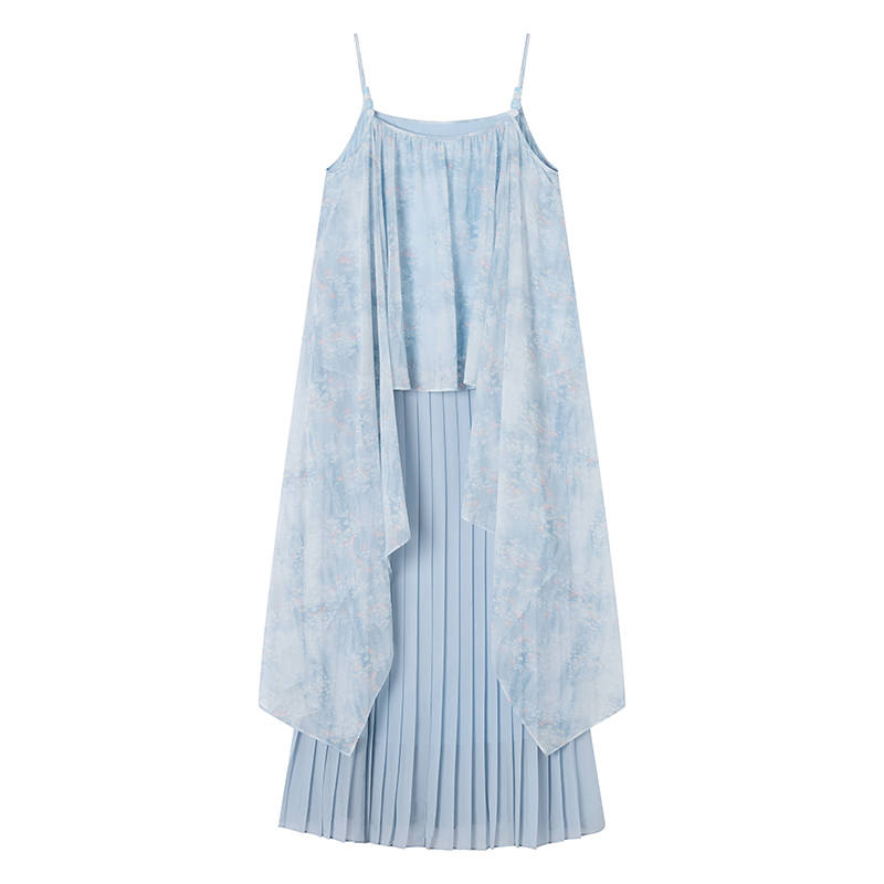XIANGYING Sleeveless Dresses Women's Nautical Blue Irregular Thin Long Skirt