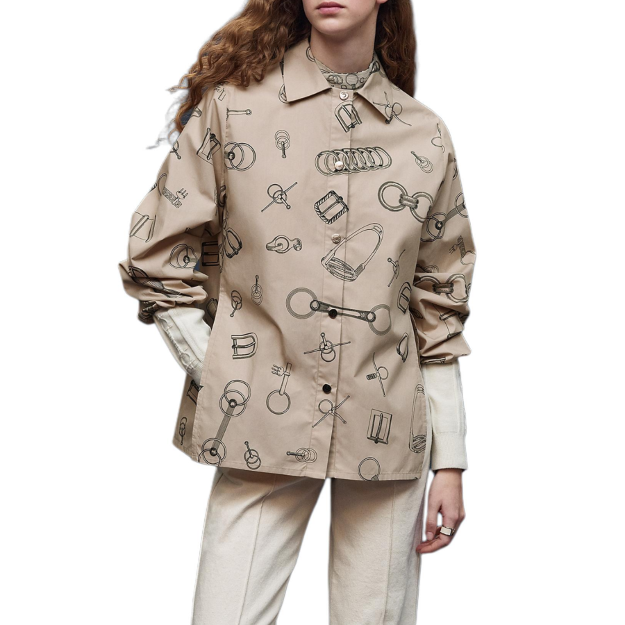 HERMES Jackets Women's Istria Stone Beige Lapel Moderate Straight Fit