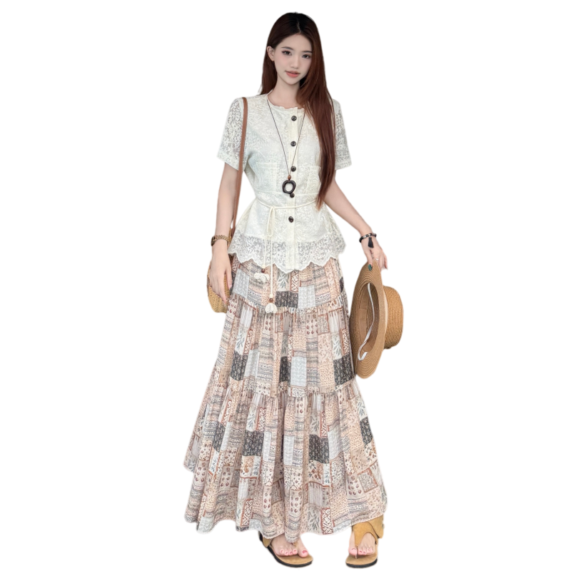 CPAURA Two Piece Skirt Sets Women's Crew Neck Moderate Long Skirt