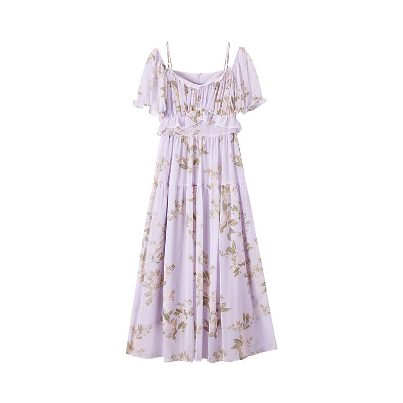 XIANGYING Short Sleeved Dresses Women's Purple Floral Camisole Thin Long Skirt