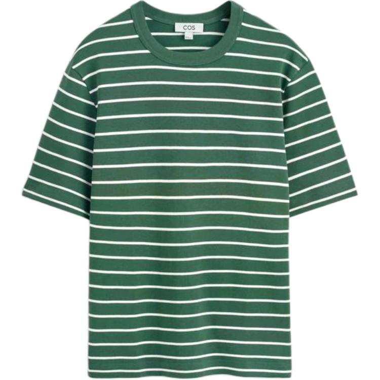 COS T Shirts Men's Green/White Stripes Crew Neck Moderate Straight Fit