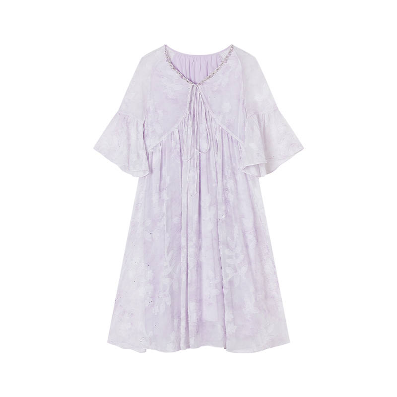 XIANGYING Short Sleeved Dresses Women's Purple Floral V Neck Thin Midi Dress