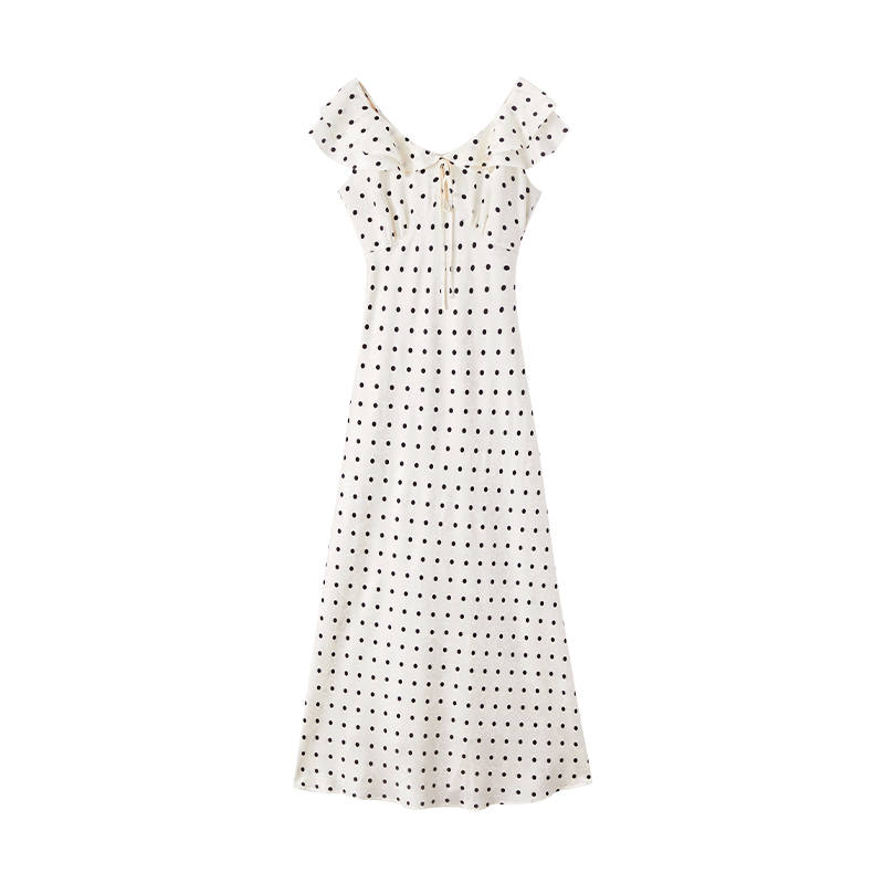 XIANGYING Short Sleeved Dresses Women's Polka Dot V Neck Thin Long Skirt