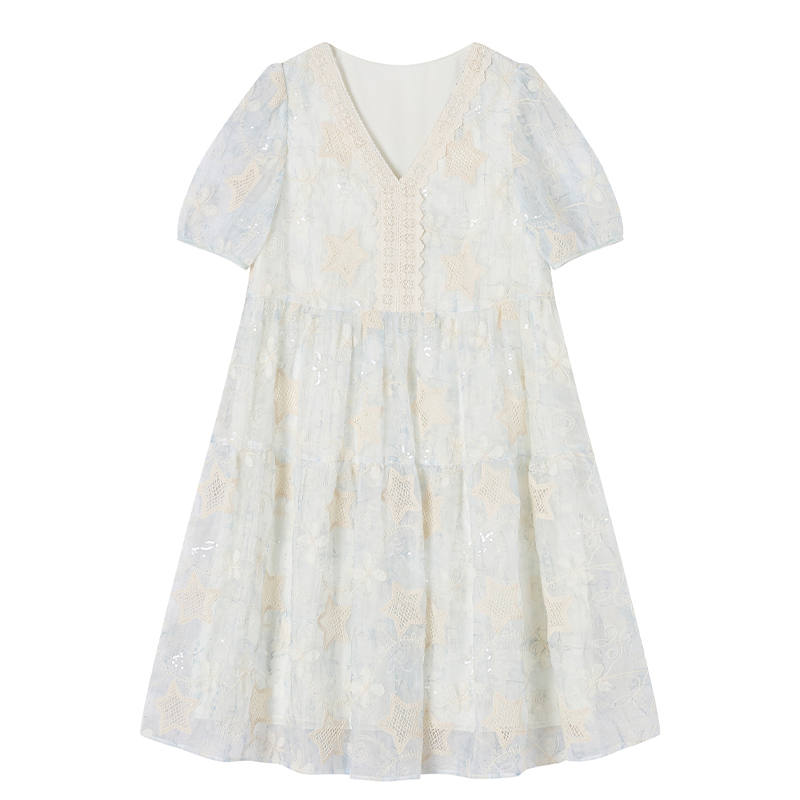 XIANGYING Short Sleeved Dresses Women's Nautical Blue V Neck Thin