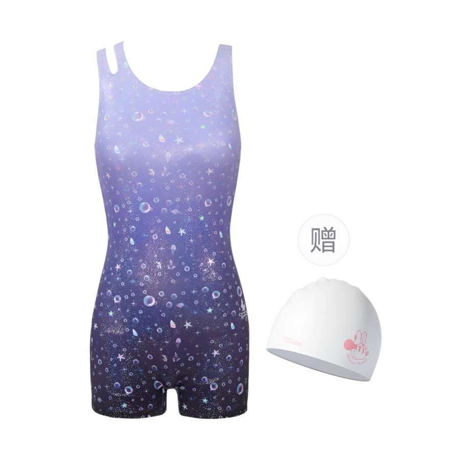 Disney One Piece Swimsuits Women's Purple Mermaid Includes Swimming Cap Crew Neck Moderate Square Leg One Piece Swimsuit