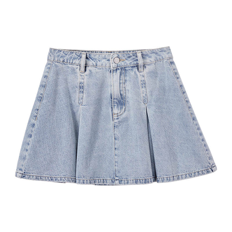 XIANGYING Casual Short Skirts Women's Denim Blue Moderate Short Skirt Pleated Skirt