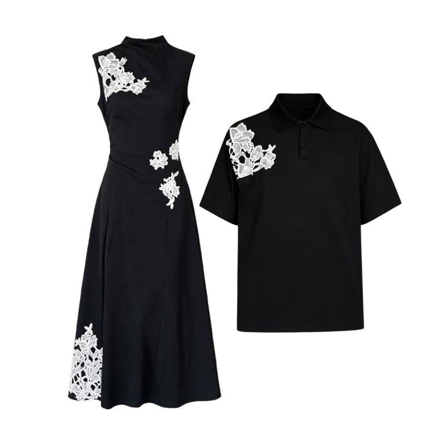 TUSHIFEI Couple Sets Women's Polo Collar Moderate Long Skirt