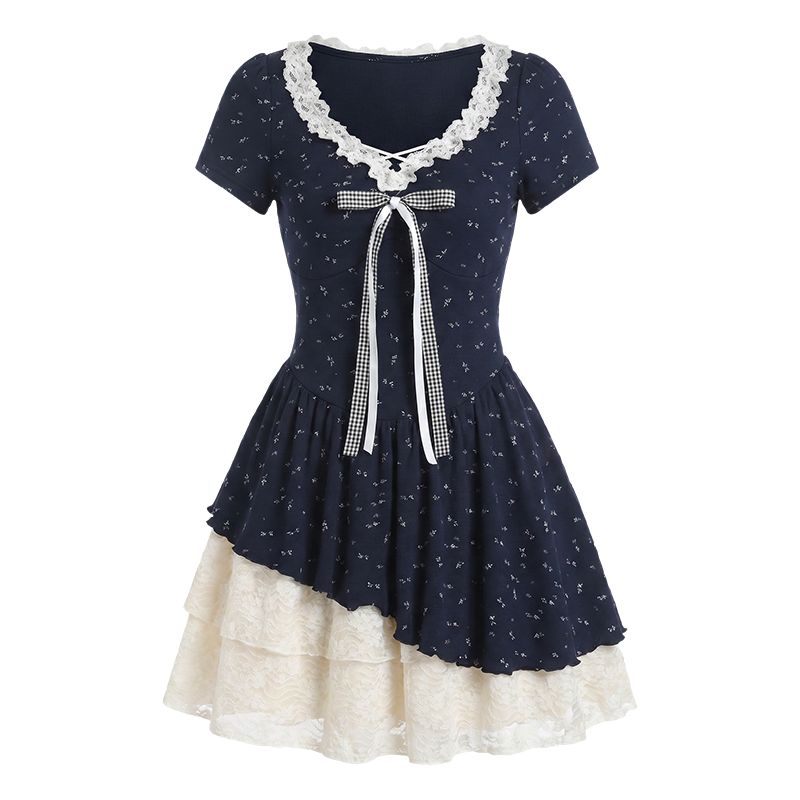 FABRIC PIG Short Sleeved Dresses Women's V Neck Moderate Short Skirt A Line Skirt