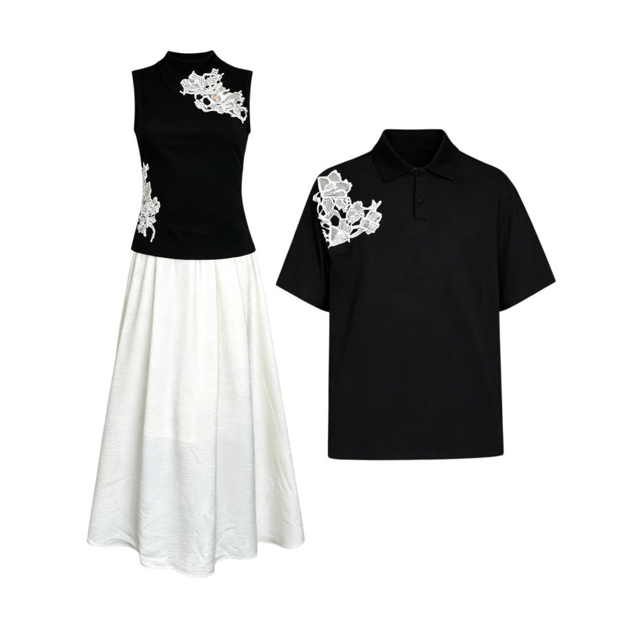 TUSHIFEI Couple Sets Women's Polo Collar Moderate Long Skirt