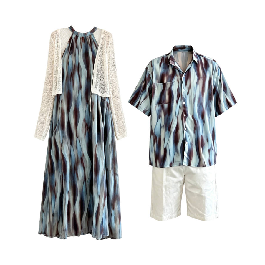 TUSHIFEI Couple Sets Women's Polo Collar Moderate Midi Skirt