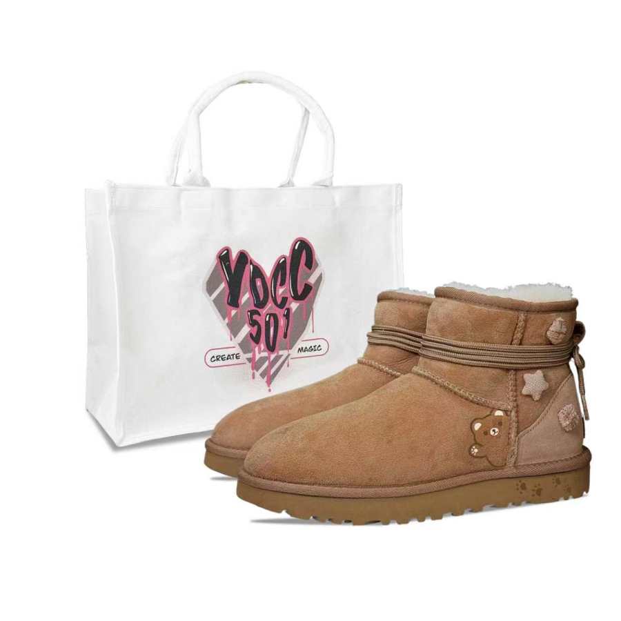UGG CLASSIC MINI YDCC Caramel Bear, Shopping Bag Short Snow Boots Women's Chestnut