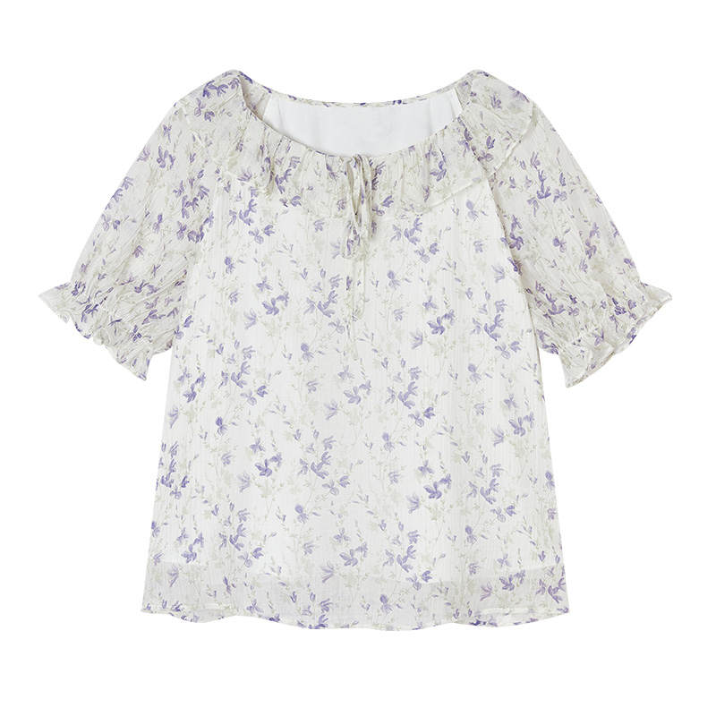 XIANGYING Chiffon Shirts Women's Purple Floral Ruffle Collar Thin