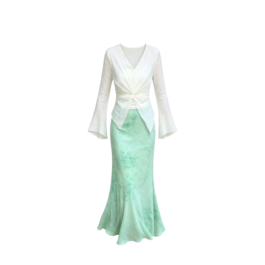 CPAURA Two Piece Skirt Sets Women's Crew Neck Moderate Long Skirt
