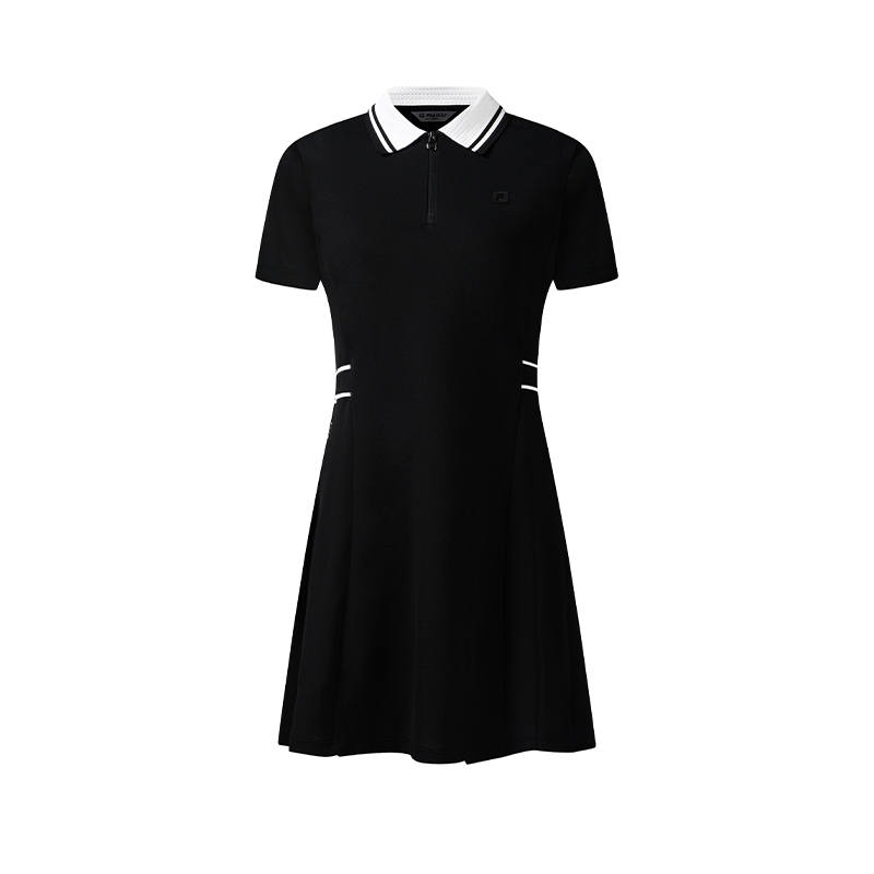 FILA Golf Short Sleeved Dresses Women's Pitch Black Lapel Moderate Midi Skirt