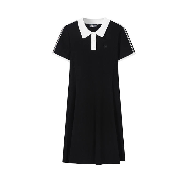 FILA WHITE Short Sleeved Dresses Women's Jet Black Polo Collar Moderate Midi Skirt