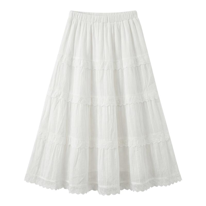 FABRIC PIG Casual Long Skirts Women's White Moderate Midi Skirt Tiered Skirt