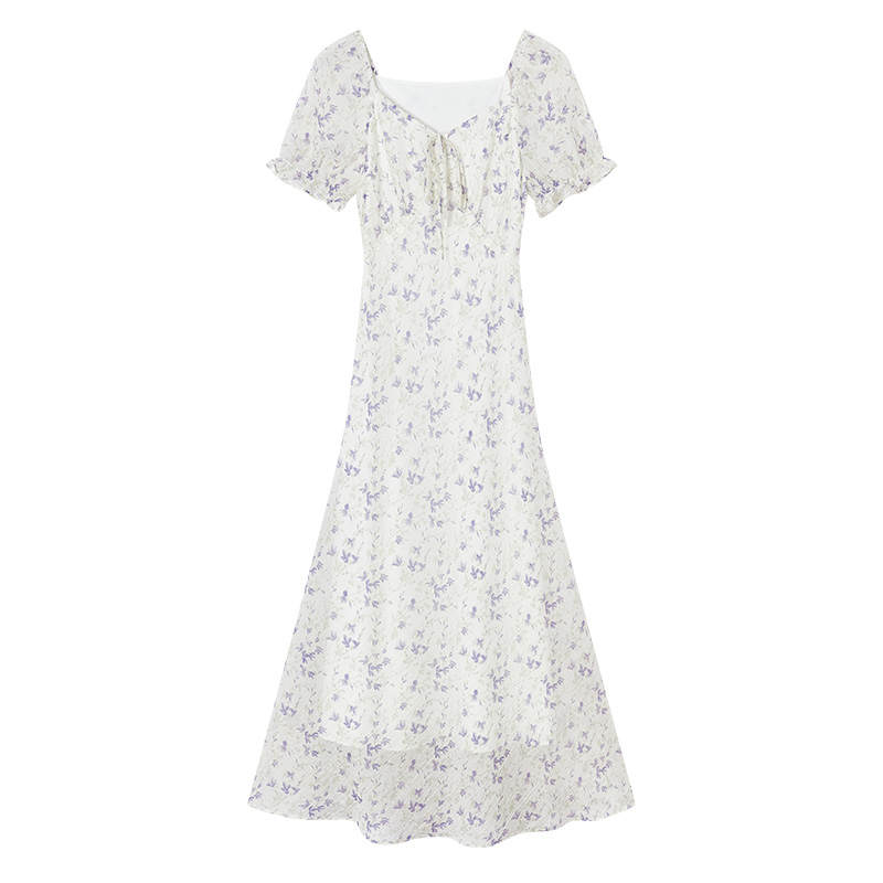 XIANGYING Short Sleeved Dresses Women's Purple Floral V Neck Thin Long Skirt