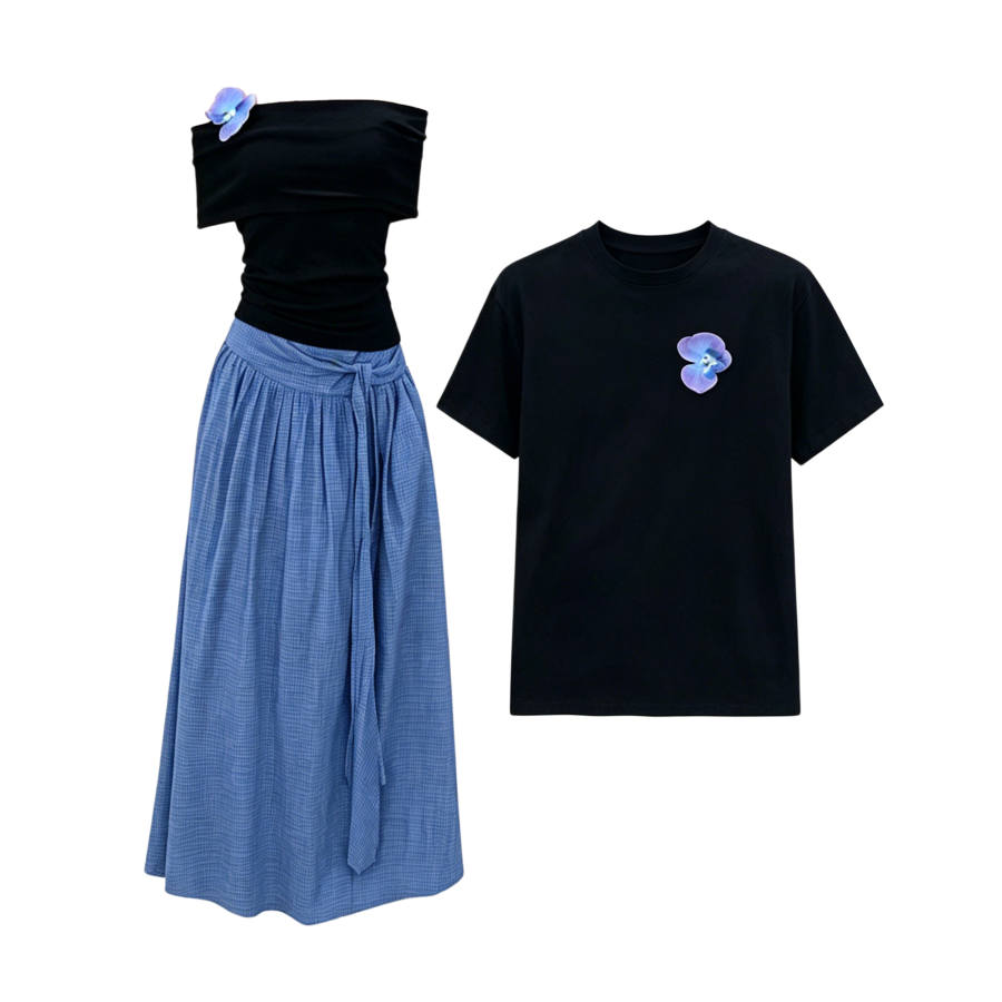 TUSHIFEI Couple Sets Women's Crew Neck Moderate Long Skirt