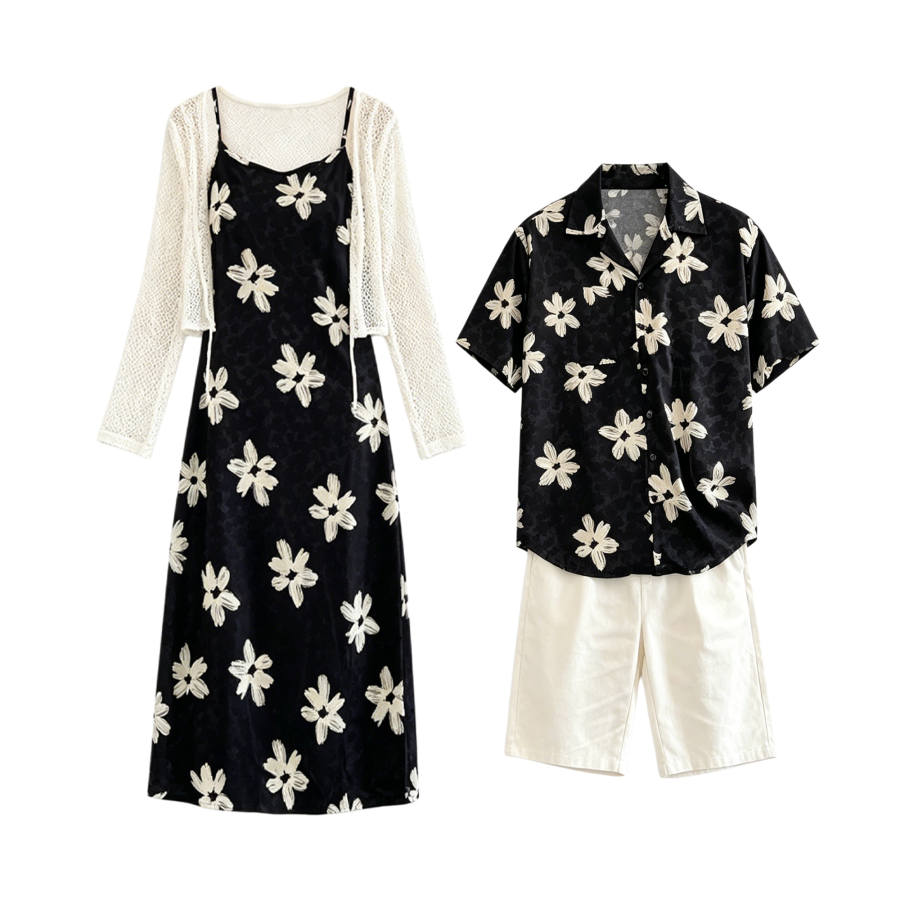 TUSHIFEI Couple Sets Women's Polo Collar Moderate Midi Skirt